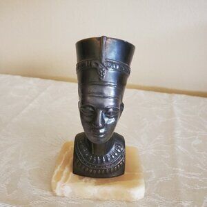 Queen Nefertiti Egyptian Head Figure Metal Statue Sculpture on Marble 6" Tall